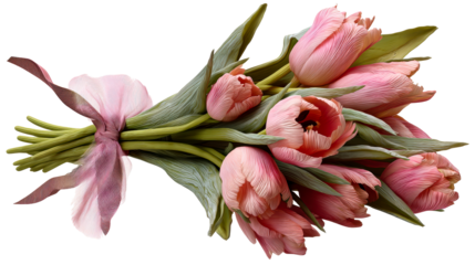 Bouquet of delicate pink tulips tied with a satin ribbon, cut out transparent