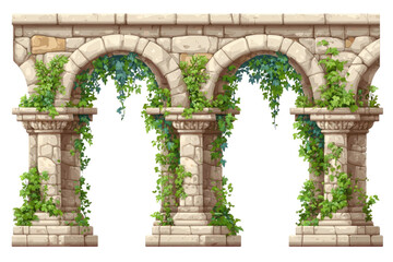 Ancient stone archway section, overgrown with vines.  Light beige stone columns and arches, detailed foliage