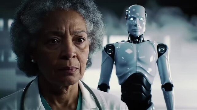 Older woman and robot in healthcare setting