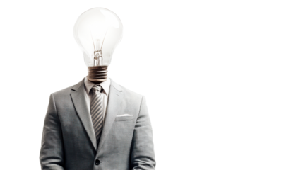 Man in Suit with Light Bulb for a Head Symbolizing Ideas and Innovation, cut out transparent