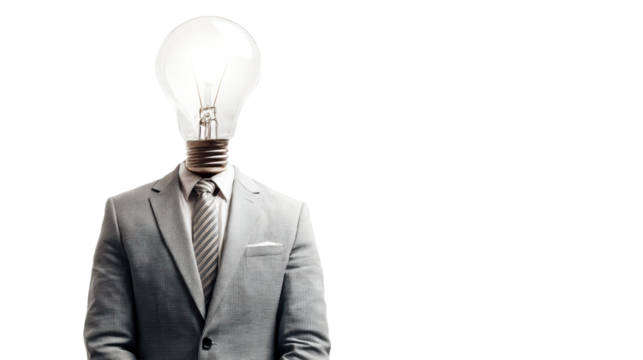 Man in Suit with Light Bulb for a Head Symbolizing Ideas and Innovation, cut out transparent