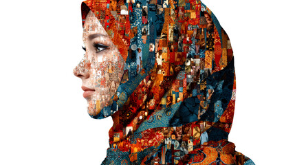 Woman's Profile Constructed from Collage of Textiles and Images, cut out transparent