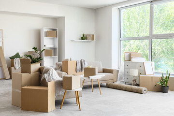 Grey sofas with cardboard boxes in living room on moving day