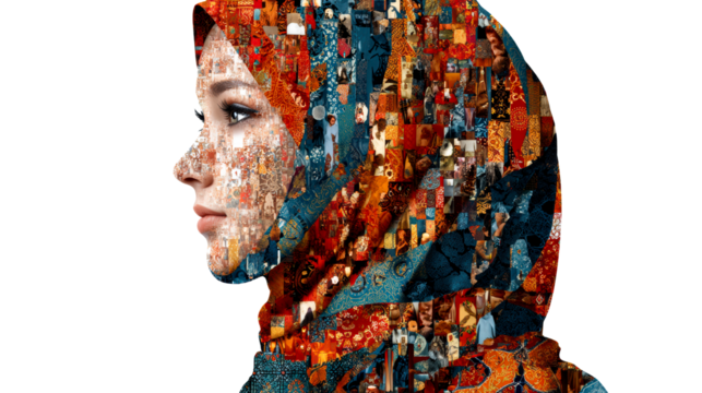 Woman's Profile Constructed from Collage of Textiles and Images, cut out transparent