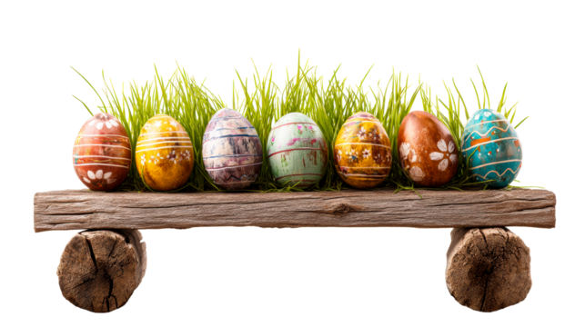 Row of colorful, decorated Easter eggs resting on weathered wood and green grass, cut out transparent