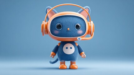 A cute cat robot wearing a headset stands against a light blue background, embodying the spirit of customer service and support