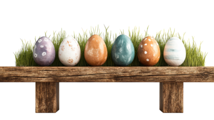 Six decorated eggs rest on a wooden beam with green grass against a white background, cut out transparent