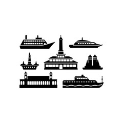 6 different ferry terminal silhouette vector icons
