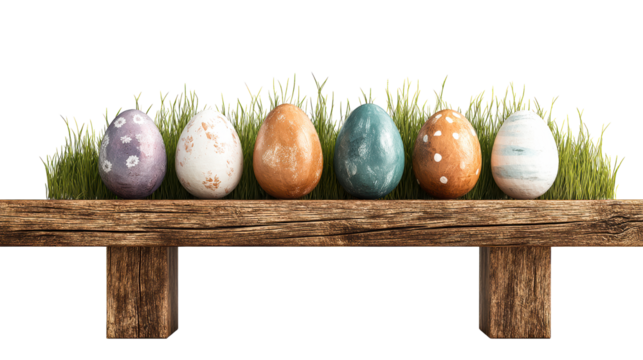 Six decorated eggs rest on a wooden beam with green grass against a white background, cut out transparent