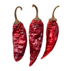 Three Crossed Dried Red Chilli Peppers in Decorative Arrangement, isolated on transparent background PNG