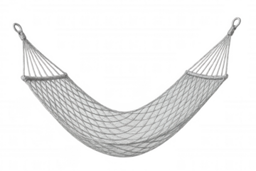 White net hammock suspended, hanging freely against transparent backdrop, symbolizing peaceful relaxation and summer tranquility