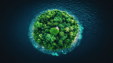 Aerial view of lush tropical island surrounded by turquoise waters suggesting paradise and