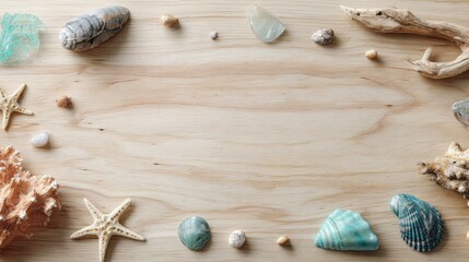 A beach-themed flat lay arrangement with starfish, shells, stones, and wood on a wooden surface, evoke summer vibes