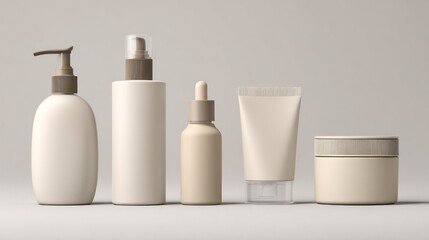 A set of minimalistic skincare bottles, perfect for cosmetic branding. The bottles are displayed with clean, sleek lines and elegant design