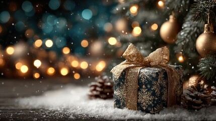 Wrapped Christmas Gift: A Christmas present, wrapped elegantly with a golden bow, sits amidst the twinkling lights and shimmering ornaments of a beautifully decorated Christmas tree. Generative Ai