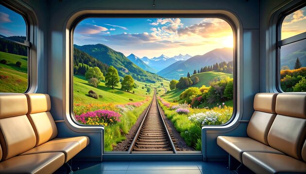 Fototapeta Scenic train view of mountain valley