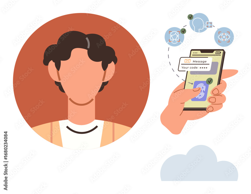 Poster hand holding smartphone with security code, approving access. user profile, digital verification, cl