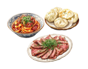 Asian cuisine illustration. Three dishes noodles, dumplings, and sliced meat