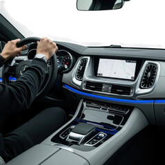 Drivers hands on the steering wheel inside a modern luxury car with a navigation screen displaying a map isolated on transparent background