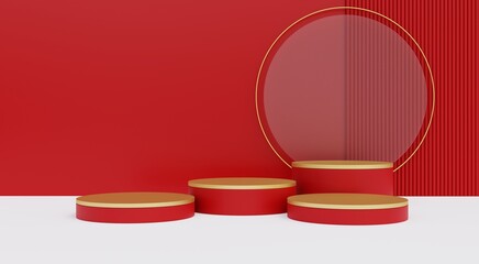 Golden and red podium, red background for advertising Chinese New Year and Christmas products, 3d illustration.