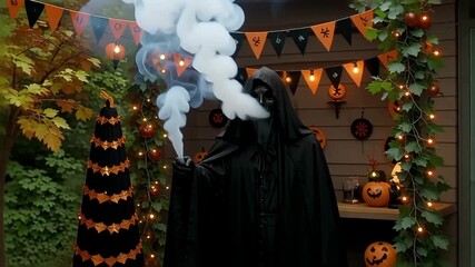 Spooky Halloween vibes with mysterious smoke and eerie masked figure, perfect for thrilling content
