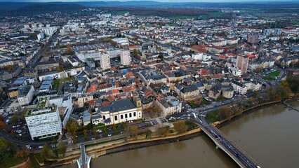 An aerial panorama view around the downtown of the City Thionville In France on a cloudy spring noon