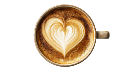 Top view of a ceramic mug filled with frothy coffee exhibiting latte art in a heart shape, cut out transparent