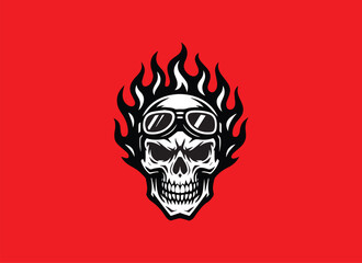 Skull Logo with Aviator Goggles and Flames &ndash; Bold Tattoo Biker Emblem in Black and White
