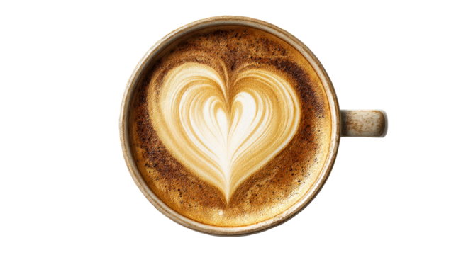 Top view of a ceramic mug filled with frothy coffee exhibiting latte art in a heart shape, cut out transparent