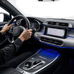 Drivers hands on the steering wheel of a modern car, navigating with the central infotainment system and ambient lighting isolated on transparent background