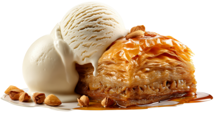 Sweet baklava pastry with vanilla ice cream and almonds, cut out transparent