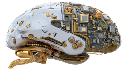 Intricate Futuristic Robotic Brain with Metallic Components and Circuitry, cut out transparent
