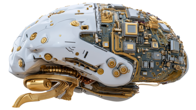 Intricate Futuristic Robotic Brain with Metallic Components and Circuitry, cut out transparent
