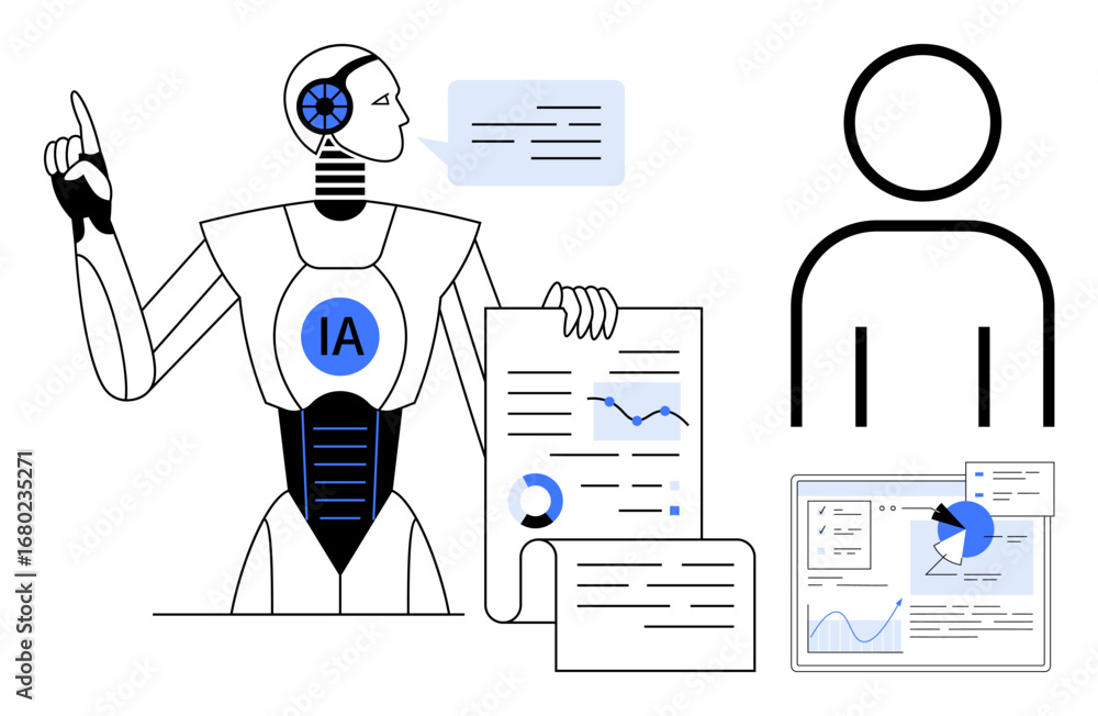 Poster robot explaining data charts, graphs, and documents while interacting with a human. ideal for ai, ma