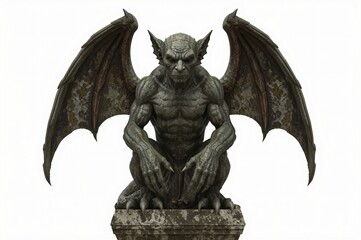 Gargoyle statue, winged creature, isolated, fantasy, white background, game asset