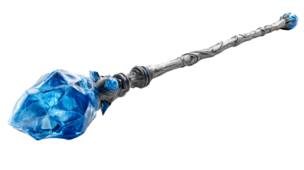 Ornate magical staff with large faceted sapphire crystal top, cut out transparent