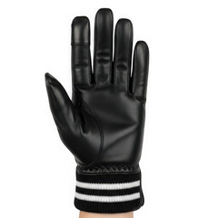 A black leather glove with white stripes on the cuff, isolated on a transparent background