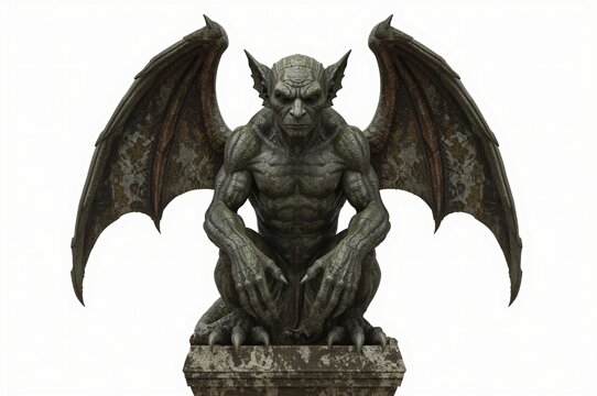 Gargoyle statue, winged creature, isolated, fantasy, white background, game asset