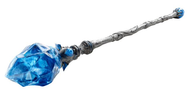 Ornate magical staff with large faceted sapphire crystal top, cut out transparent