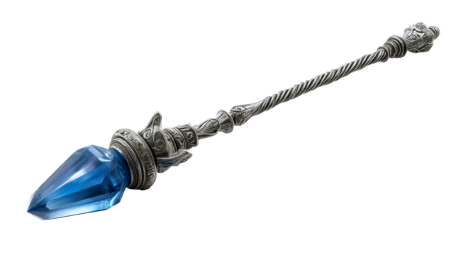 Ornate Silver Staff with Faceted Blue Crystal, cut out transparent