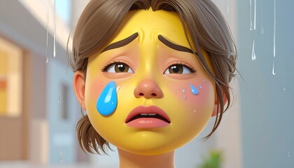 Sad cartoon girl under rain