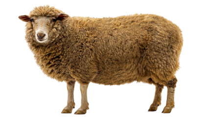 A full-body studio portrait of a sheep with thick wool against a white background, cut out transparent