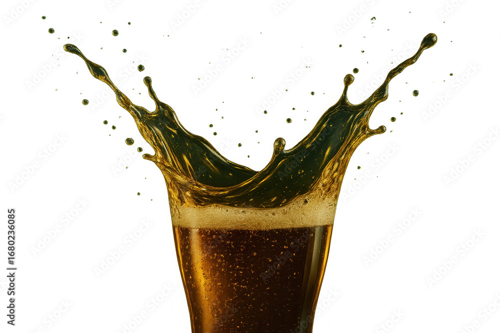 Poster golden beer splashing from a glass, creating a dynamic and refreshing image on a transparent backgro