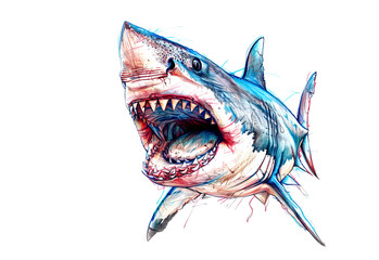 Fierce shark in vibrant watercolor. Dynamic brushstrokes capture power and aggression with splashes of color. Striking marine artwork. Undersea animals.