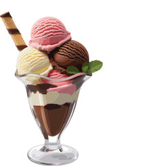 Ice cream sundae in glass cup, colorful dessert with mint and wafer stick, sweet frozen treat vector, delicious summer snack illustration, food art clipart