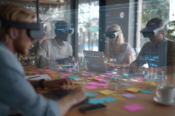 Team of young professionals wearing virtual reality headsets collaborating at a modern office table with laptops, sticky notes, and holographic digital interface projections