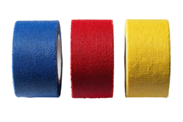 Three rolls of textured tape in vibrant colors.  The tapes are cylindrical,  with a rough, granular surface.  Blue, red, and yellow colors are visible, displayed in horizontal alignment