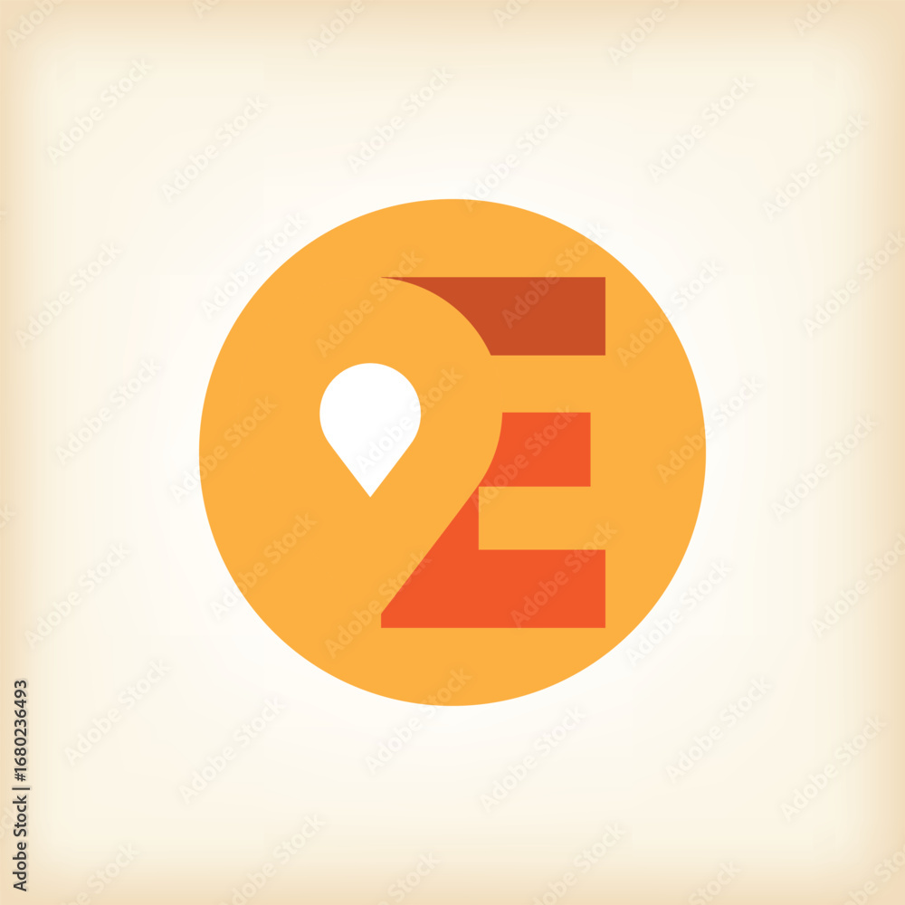 Poster the image shows a flat logo design that depicts an initial letter e with a drop pin icon inside a ro