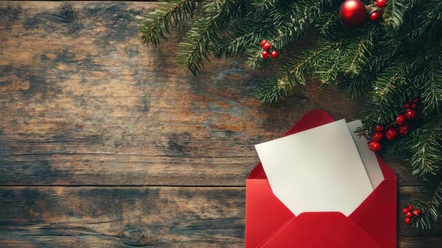 Holiday card in red envelope with festive decorations on wooden table