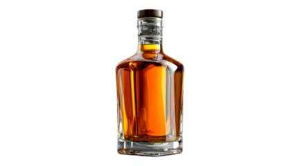 Premium amber spirit in a glass bottle with decorative foil and cap, cut out transparent